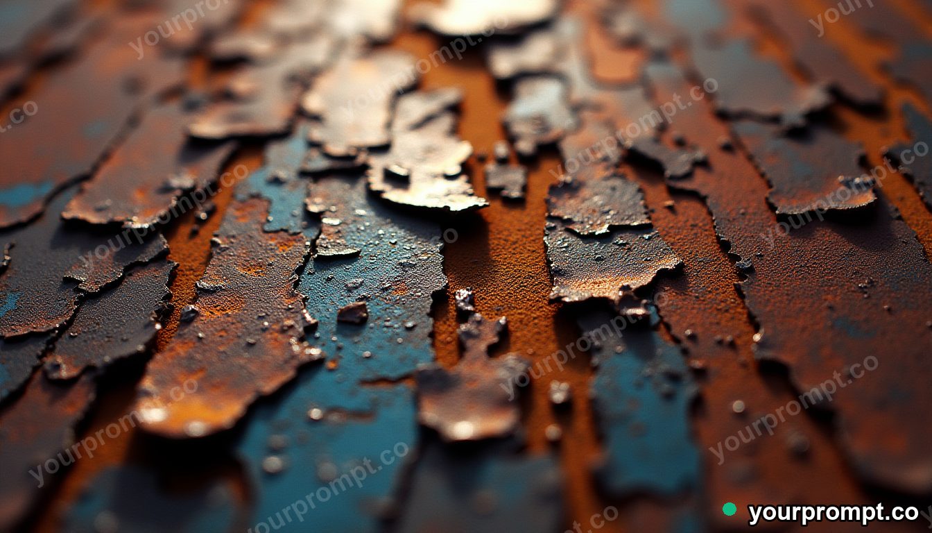 Rusted metal with peeling layers of paint, macro