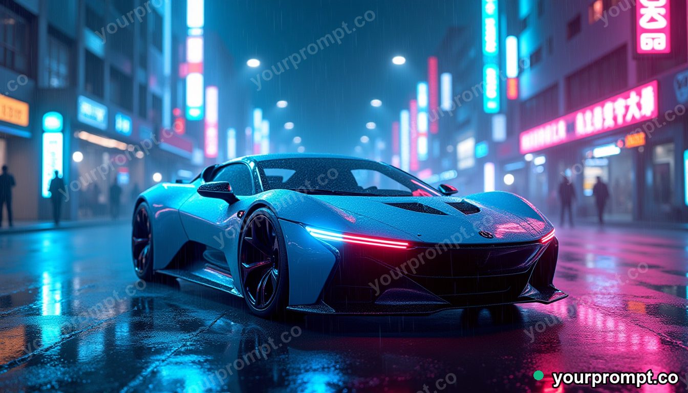 A sleek electric hypercar in a rain-soaked neon city