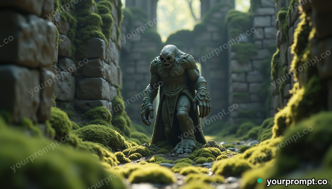A stone golem awakening in a mossy ruin