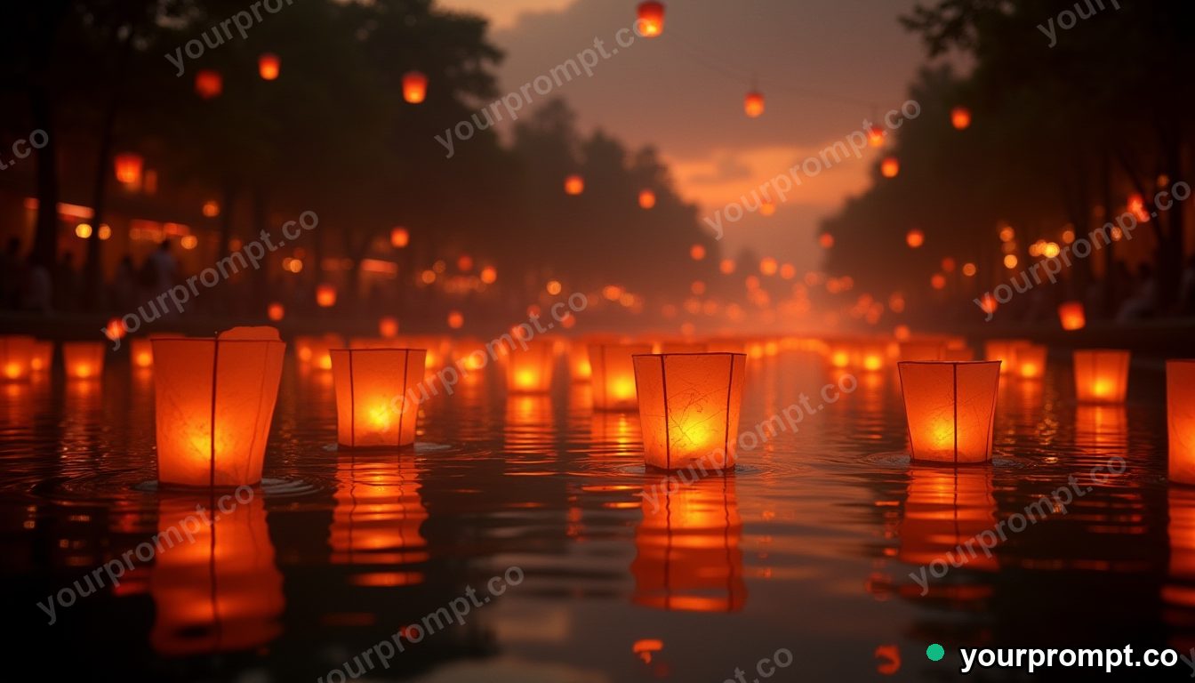 A lantern festival floating glowing lights on a river