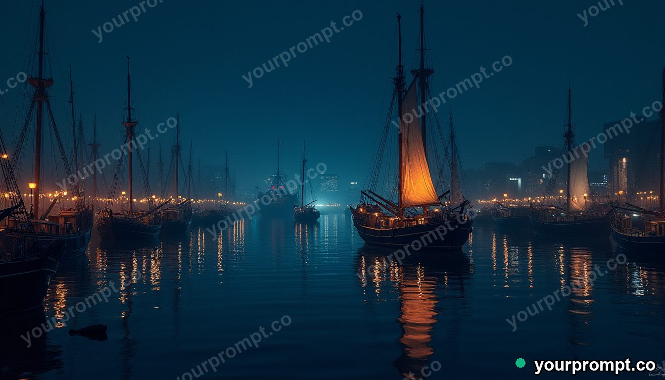 A harbor of boats lit by lanterns at midnight