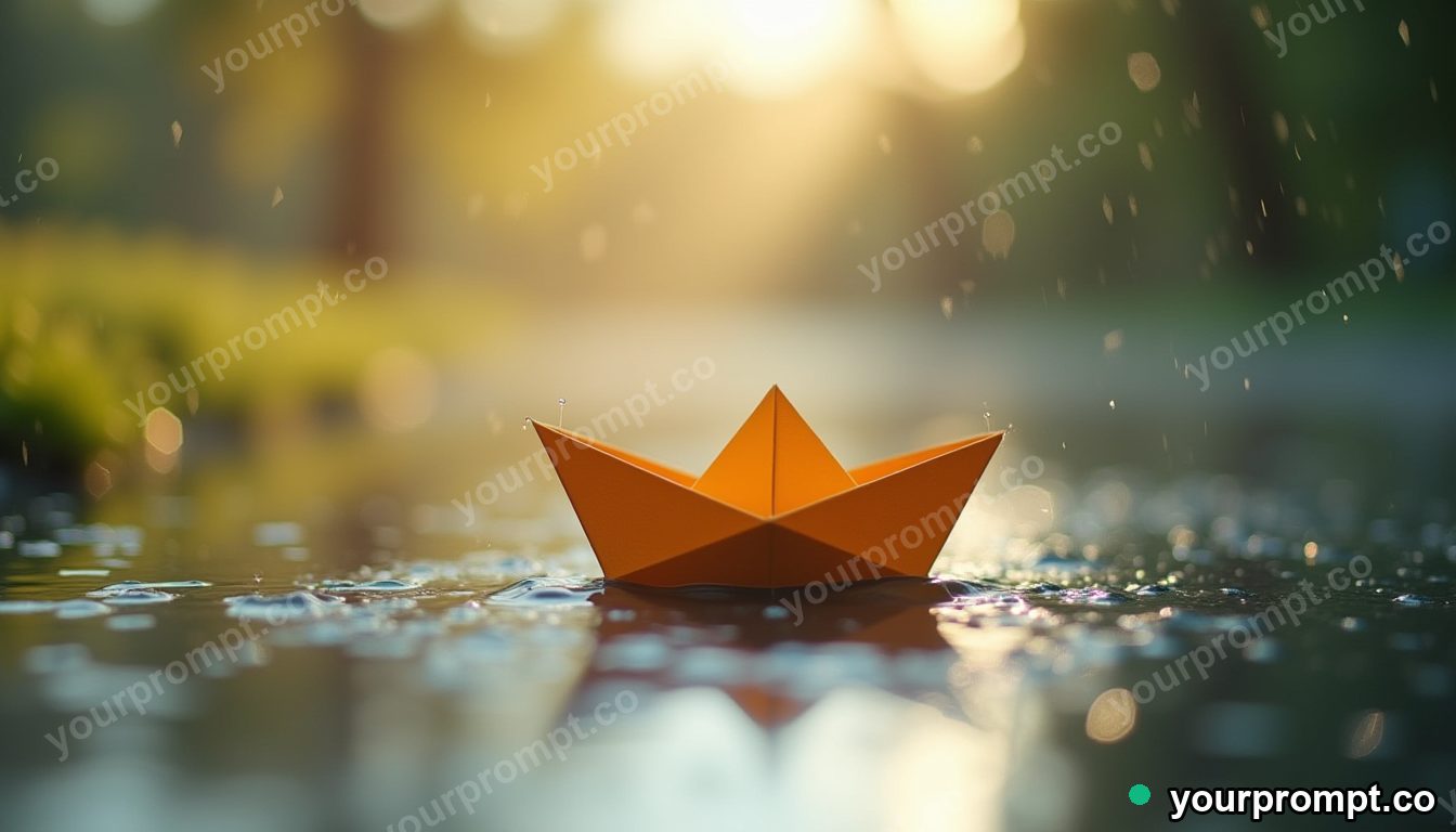 A paper boat sailing a rain puddle, macro and whimsical