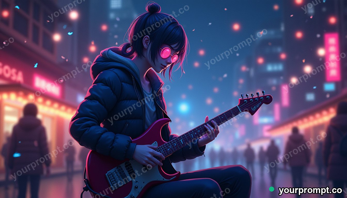 A cheerful street musician playing under fairy lights, fictional