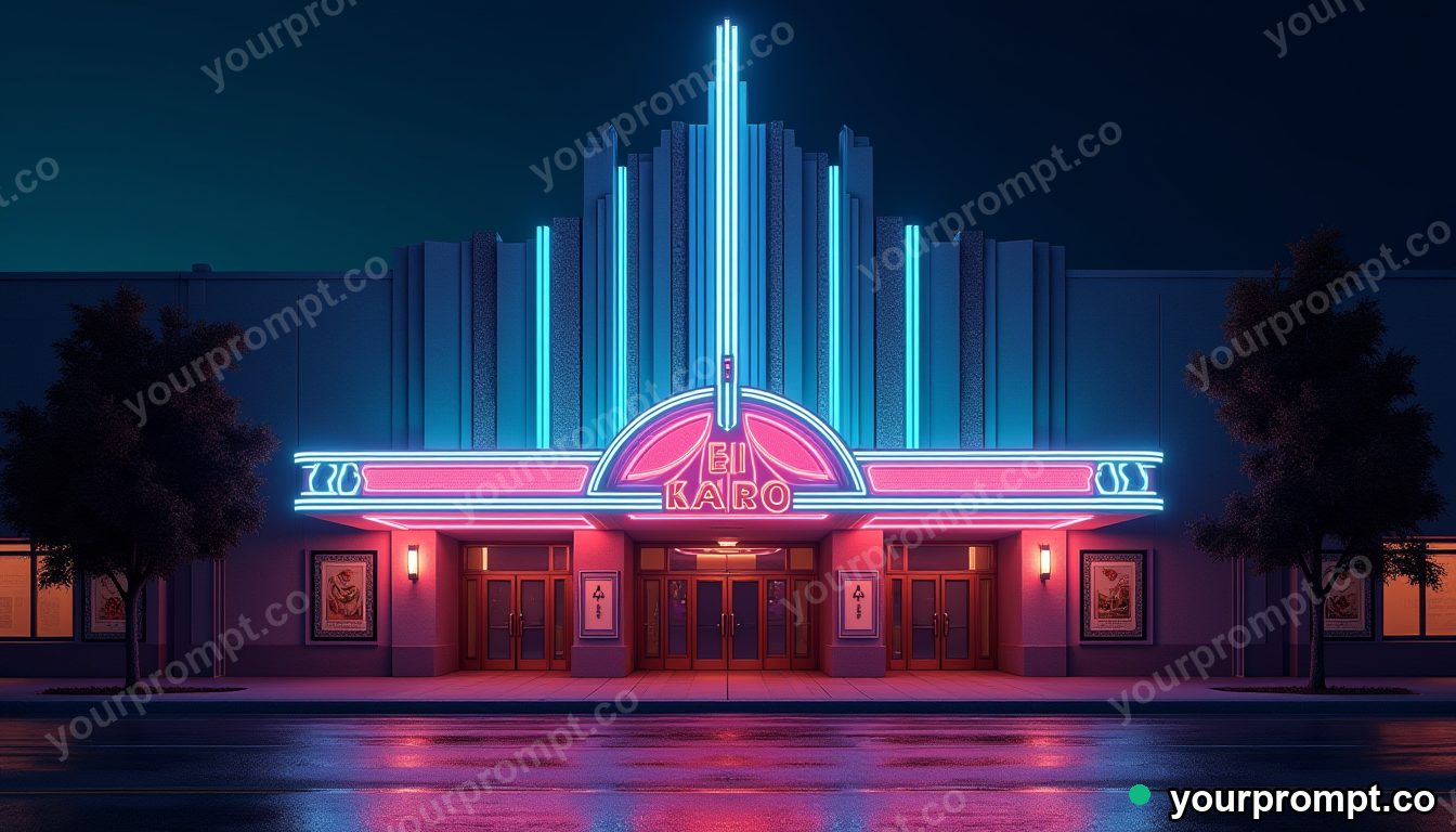 An art-deco theater facade glowing at night