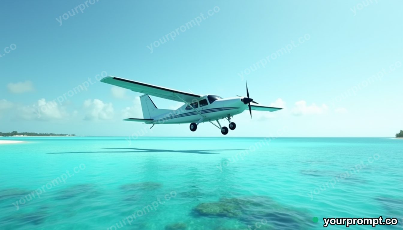 A seaplane landing on a turquoise lagoon