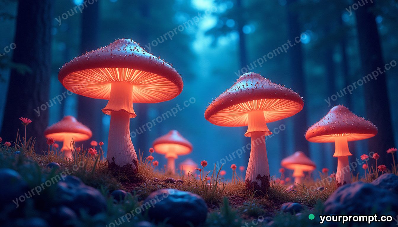 A glowing forest of giant luminous mushrooms at night