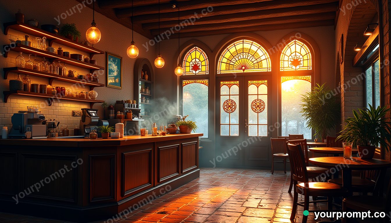 A steamy artisan coffee shop interior in the morning