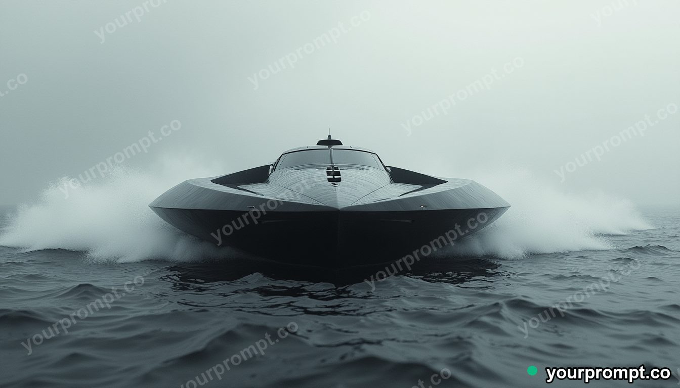 A futuristic hydrofoil racing across the ocean