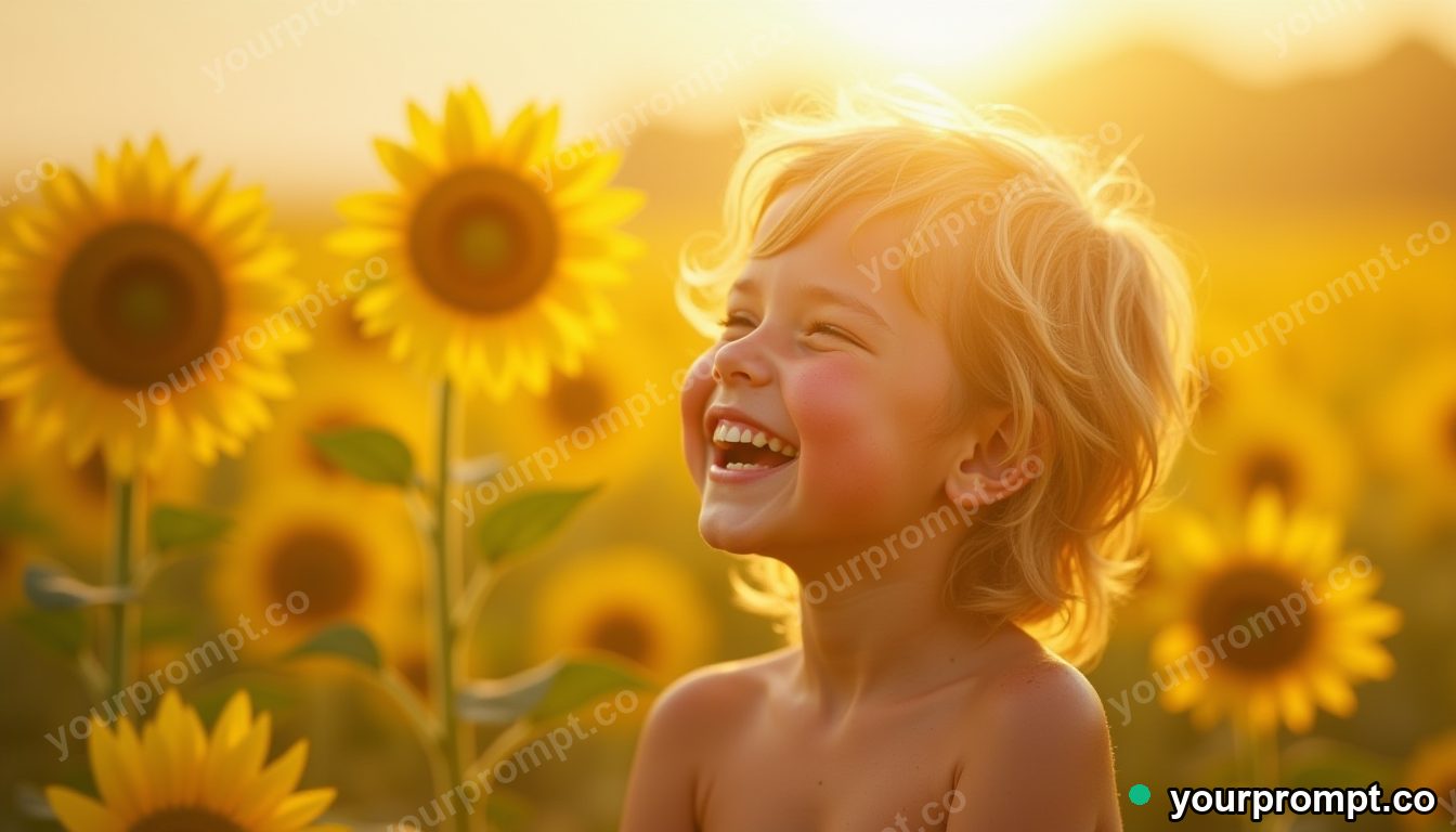 A freckled child laughing in a sunflower field, fictional