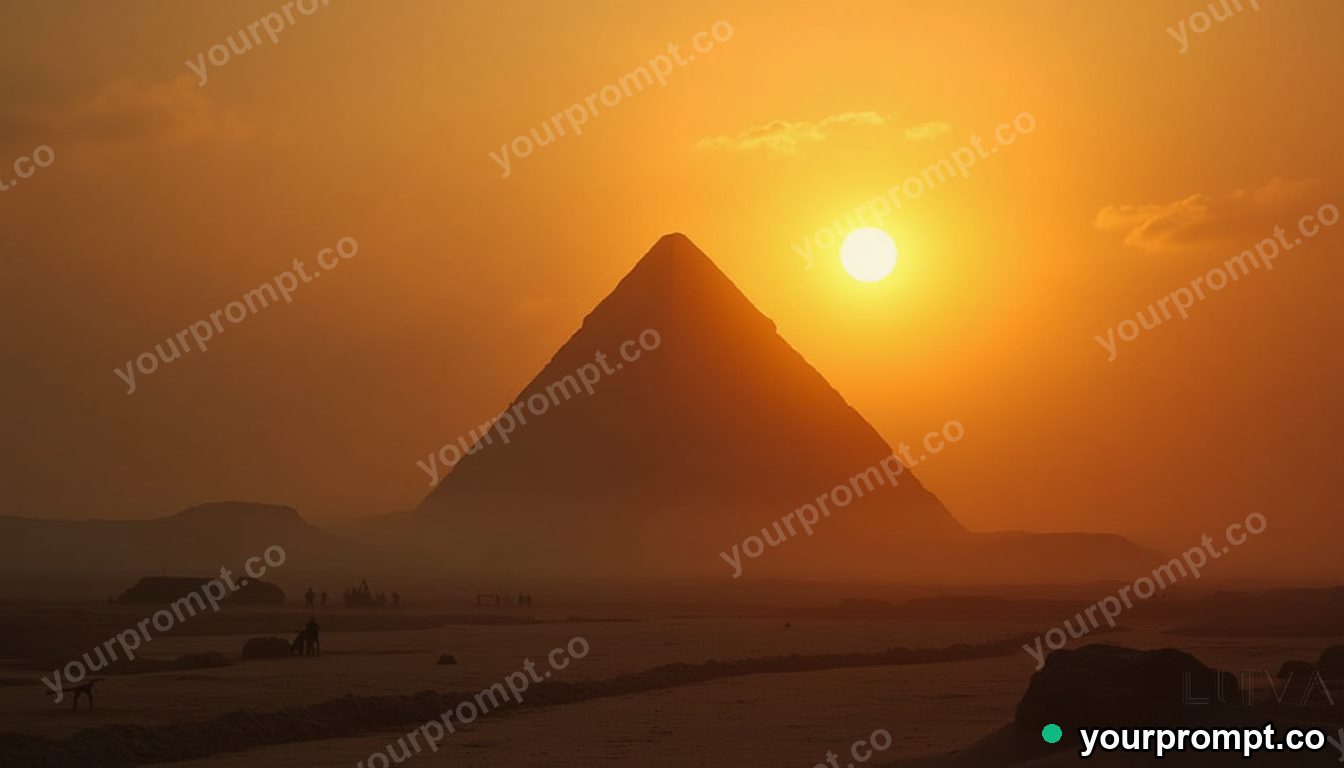 An Egyptian pyramid construction site at golden hour
