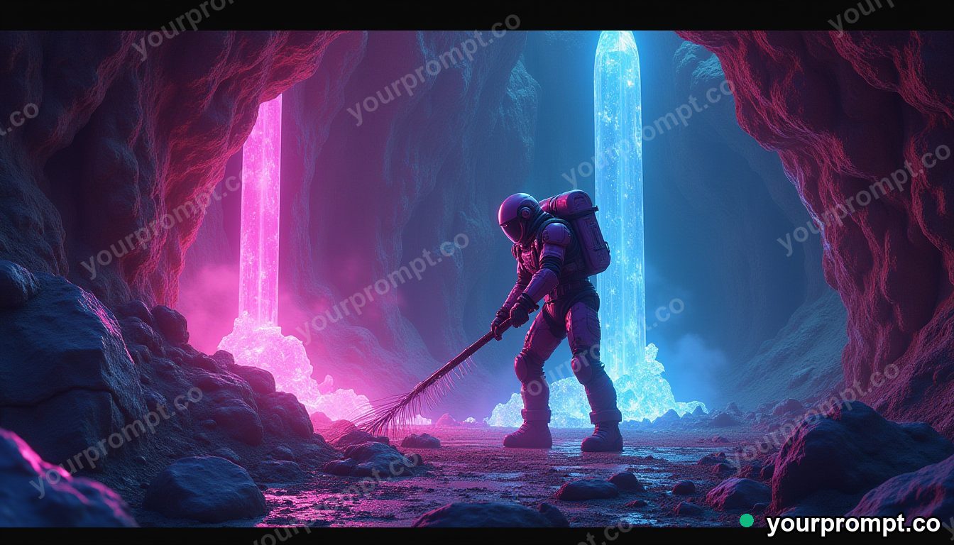An exosuit miner drilling a glowing crystal cave