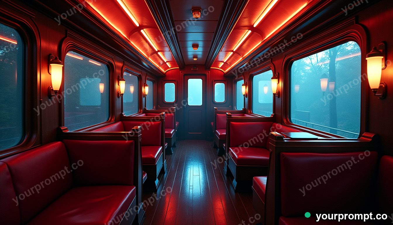 A vintage orient-express carriage interior at night
