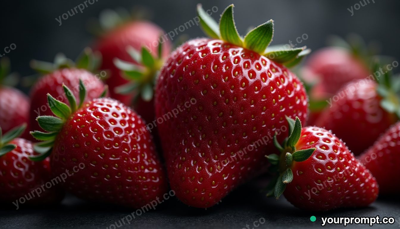 A cluster of dewy red strawberries, macro