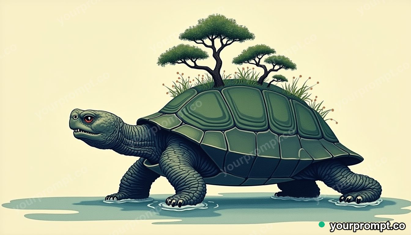A giant turtle carrying a tiny forest on its shell