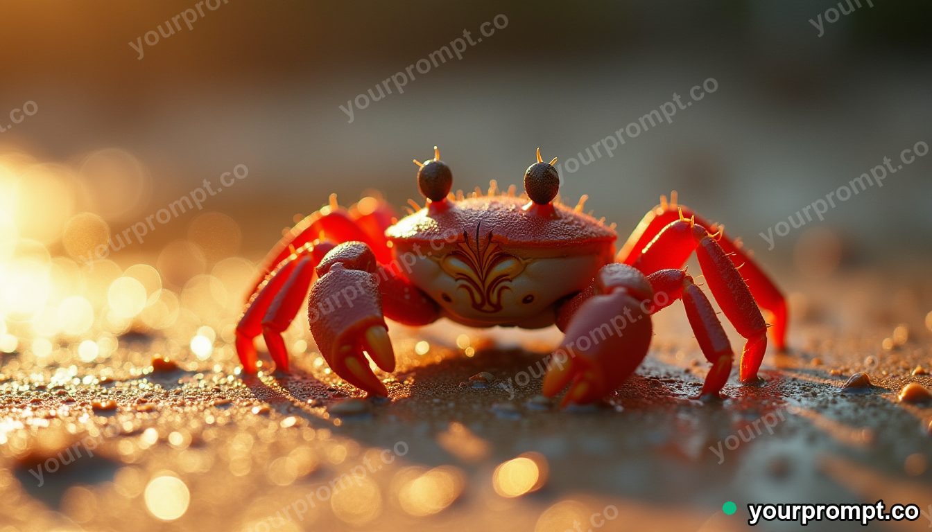 A crab scuttling across glistening wet sand
