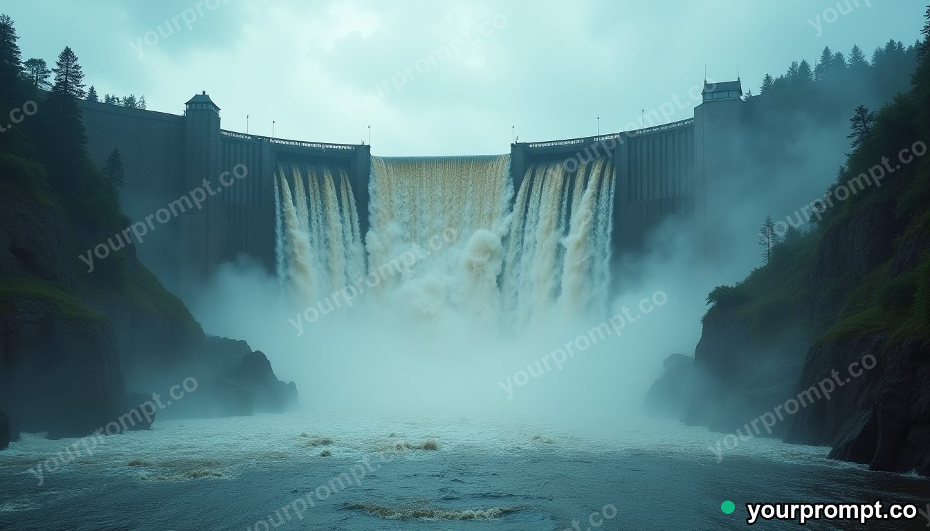 A towering dam releasing a thundering spillway