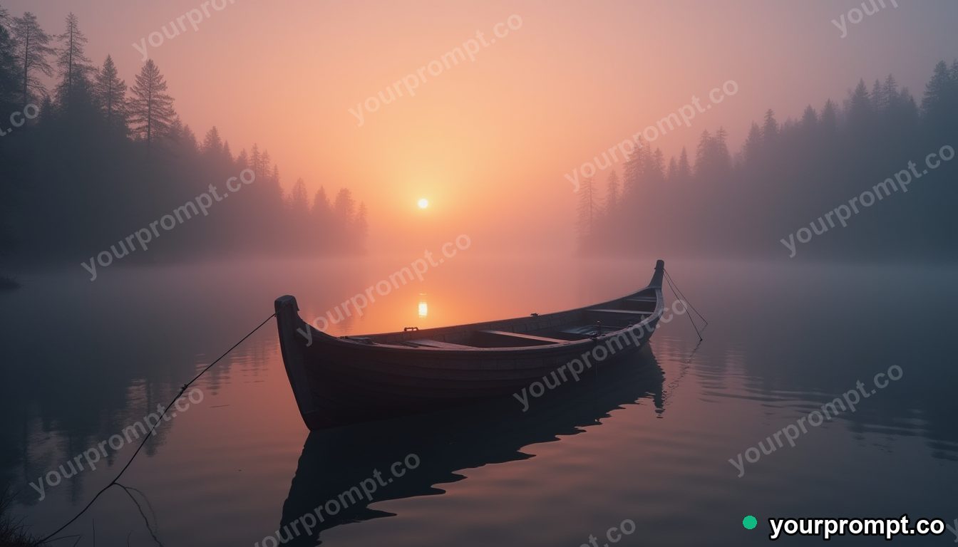 A wooden fishing boat on a misty calm lake at dawn