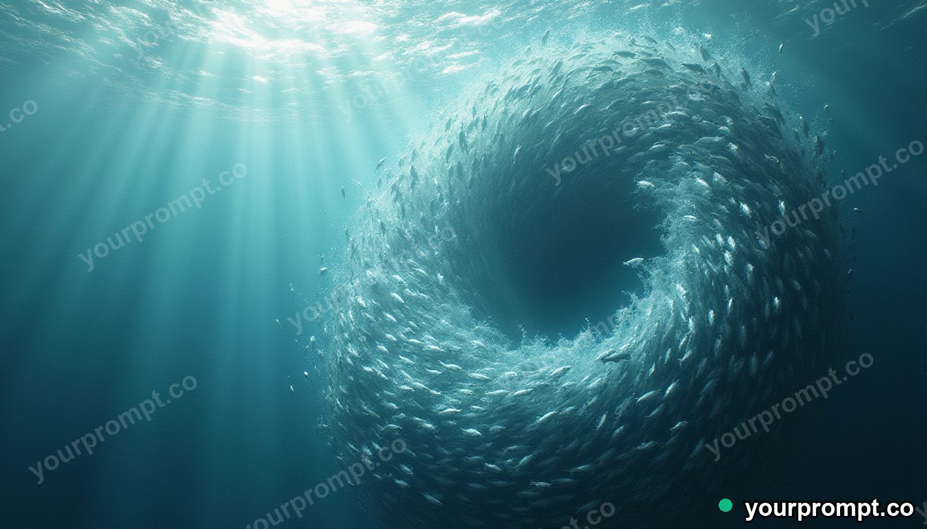 A school of silver fish swirling into a tornado