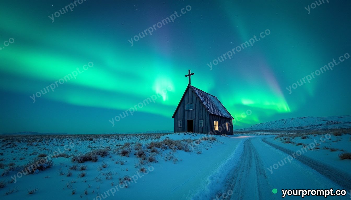 An icy aurora over a remote Icelandic church