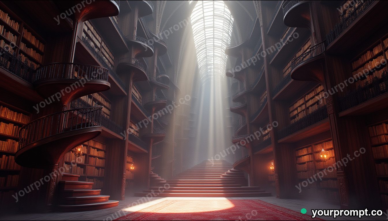 A grand library with spiral staircases and tall shelves