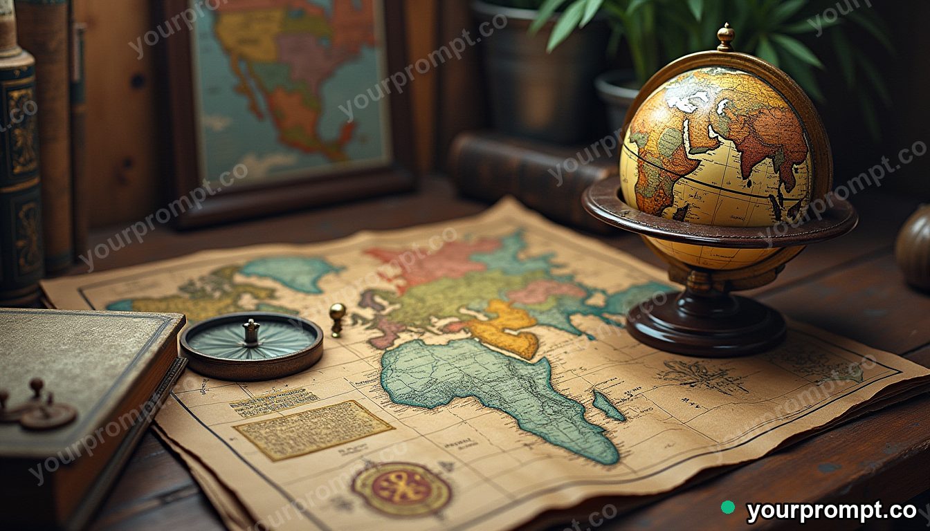 A globe, compass, and old map on a desk