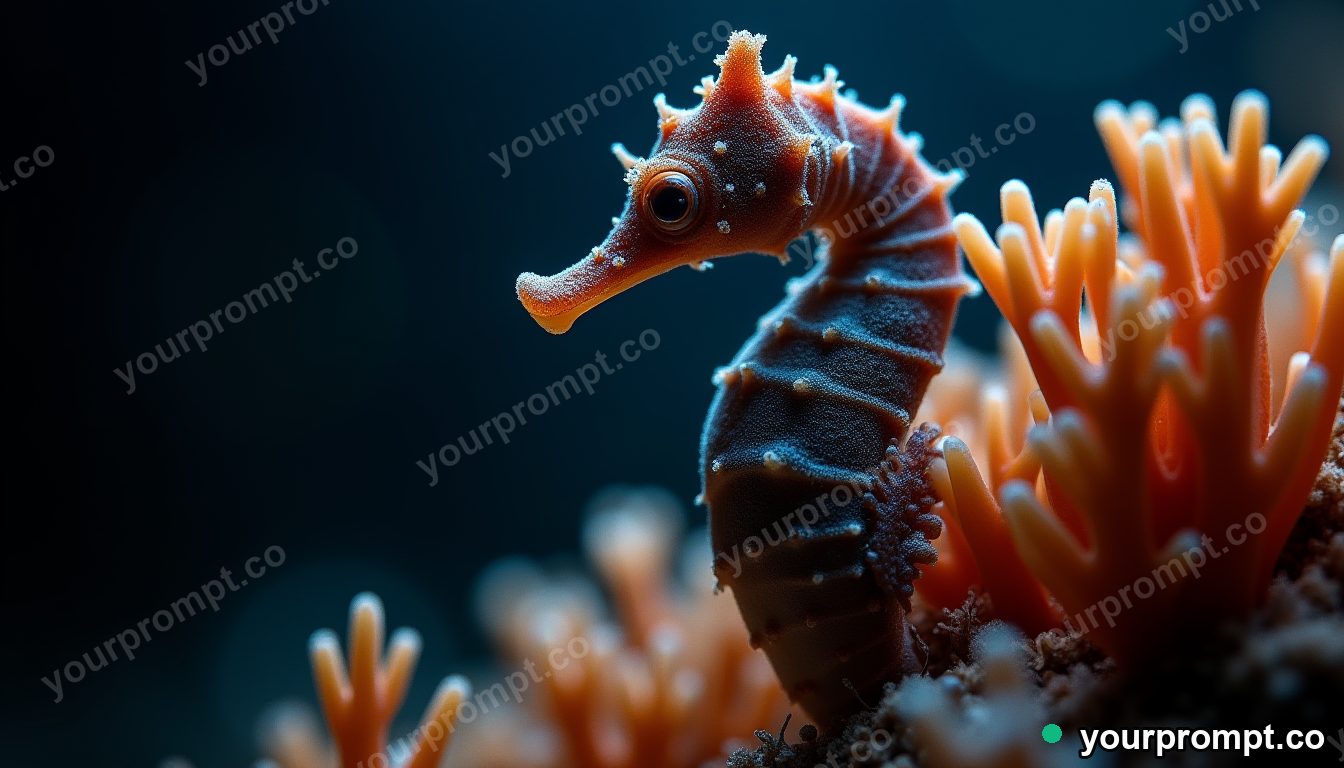 A seahorse clinging to coral, macro detail