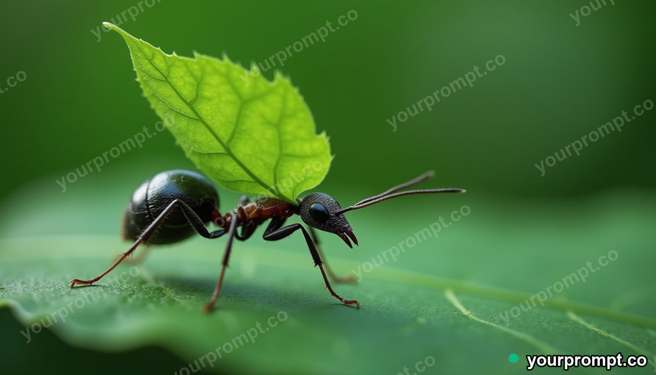 A leafcutter ant carrying a green leaf