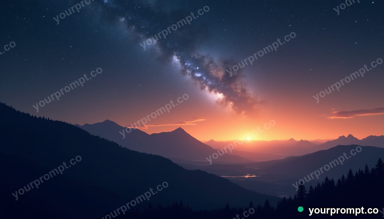 A meteor shower over a silhouetted mountain ridge