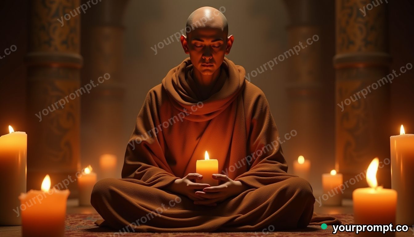 A serene monk meditating in candlelight, fictional