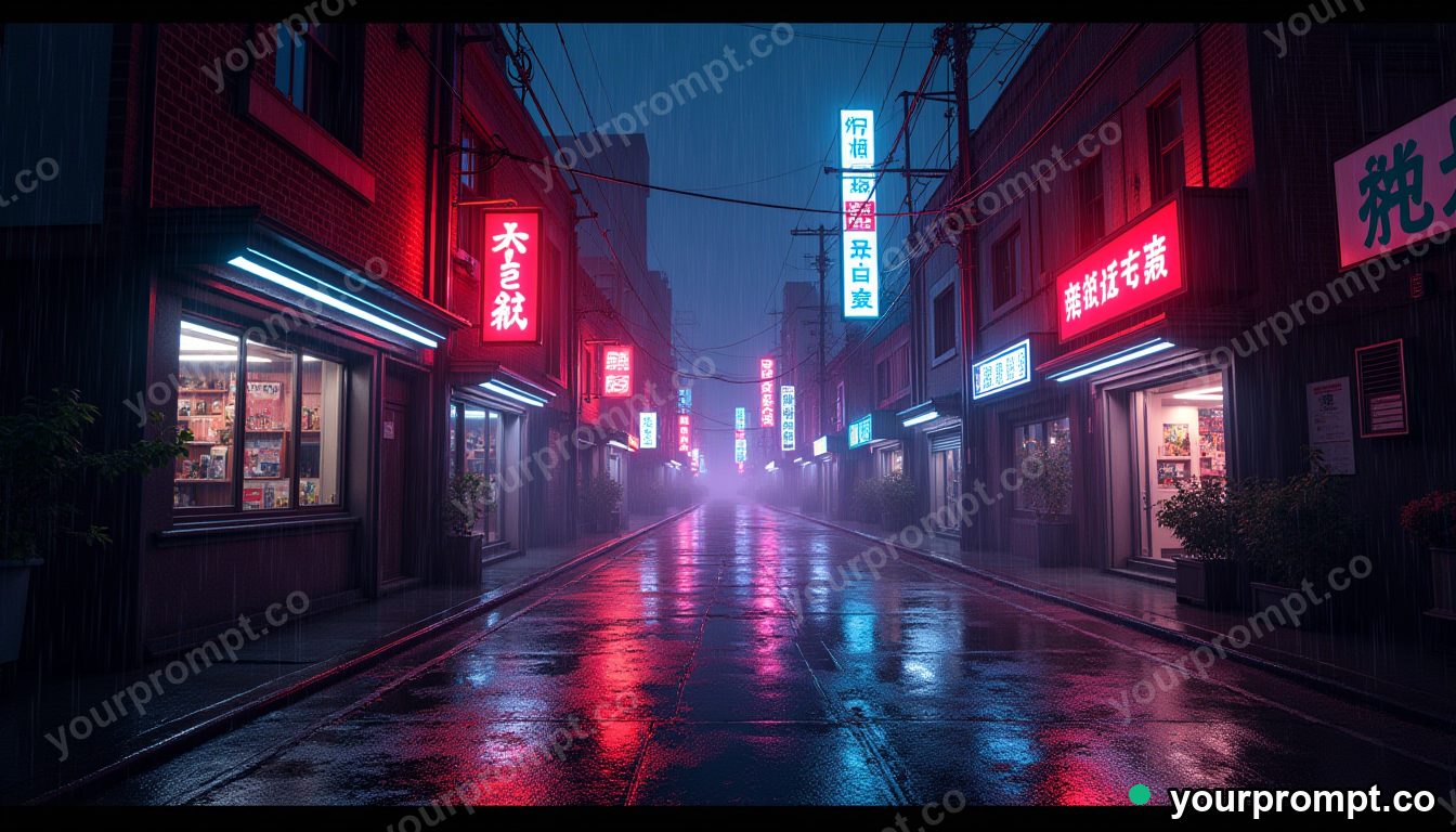 A neon cyberpunk street in the rain at night