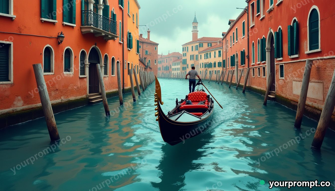 A colorful gondola gliding through a Venice canal