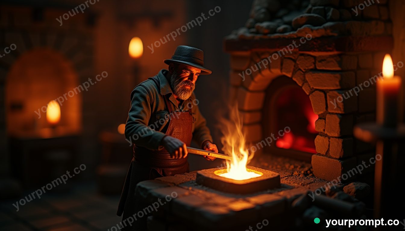 A blacksmith hammering glowing metal in a dim forge
