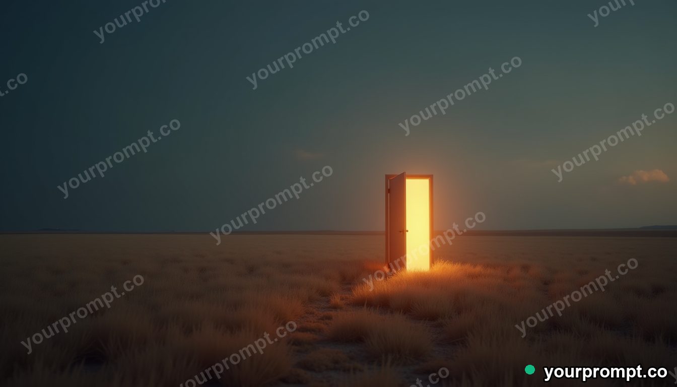 A lone door in an empty field opening onto deep space