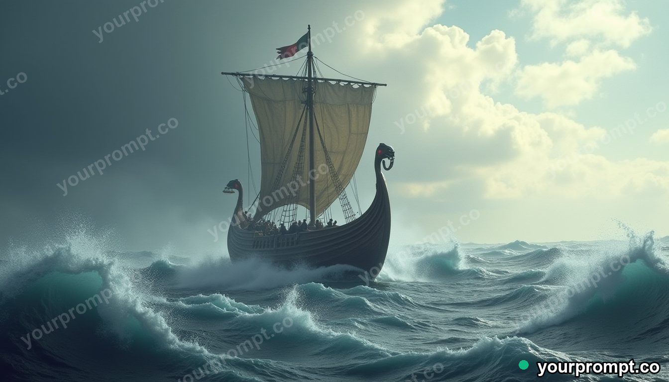 A Viking longship cutting through cold grey waves