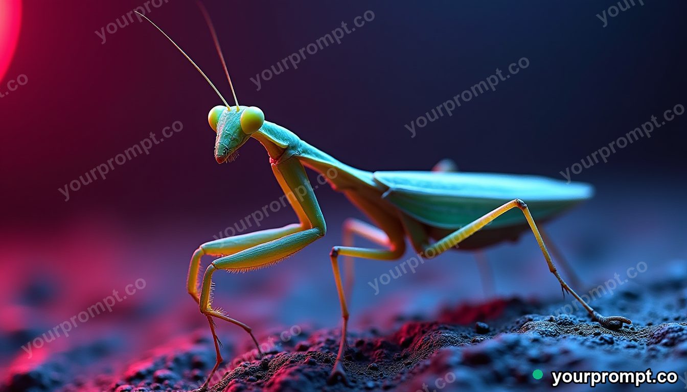 A praying mantis in striking pose, extreme close-up