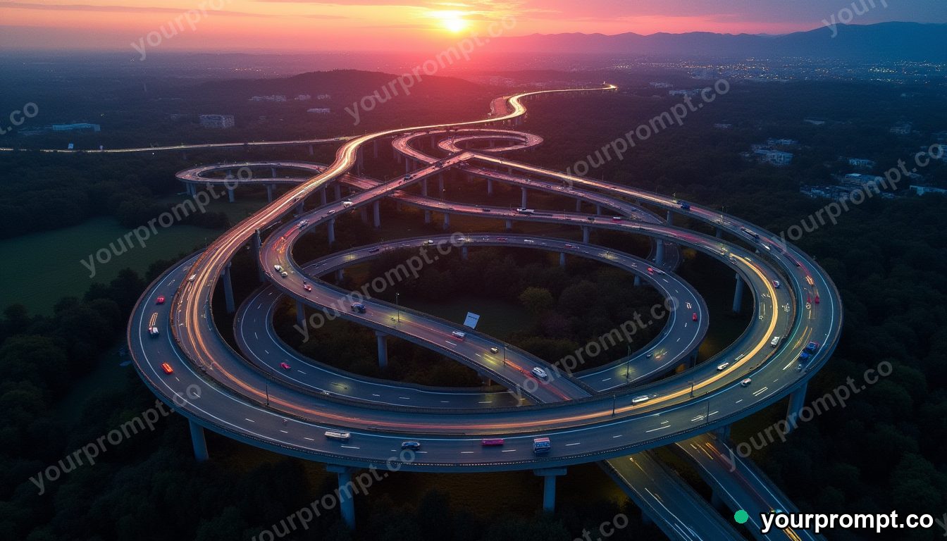 An aerial shot of a spiral interchange highway at dusk