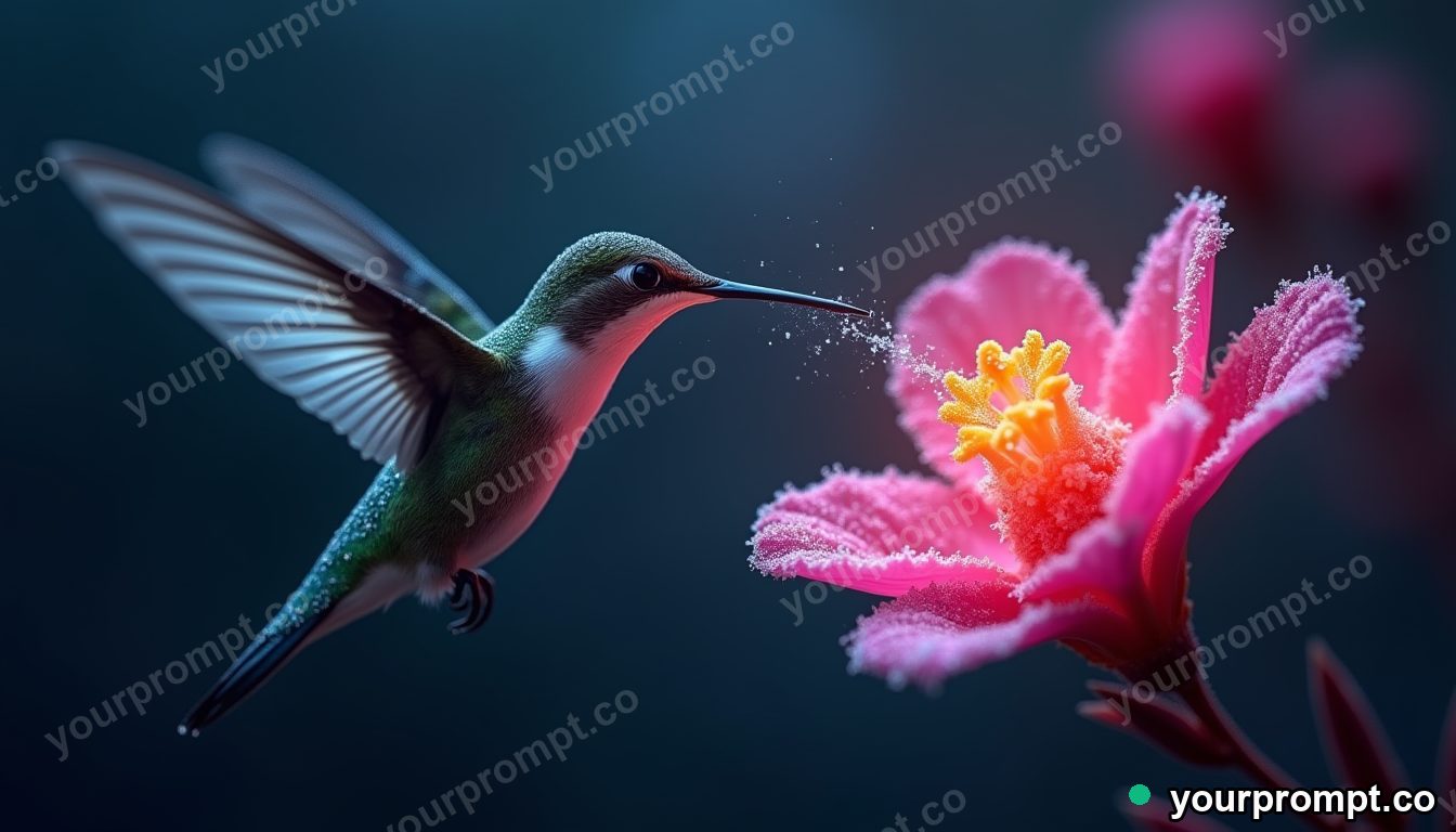 A hummingbird hovering at a bright flower, wings frozen