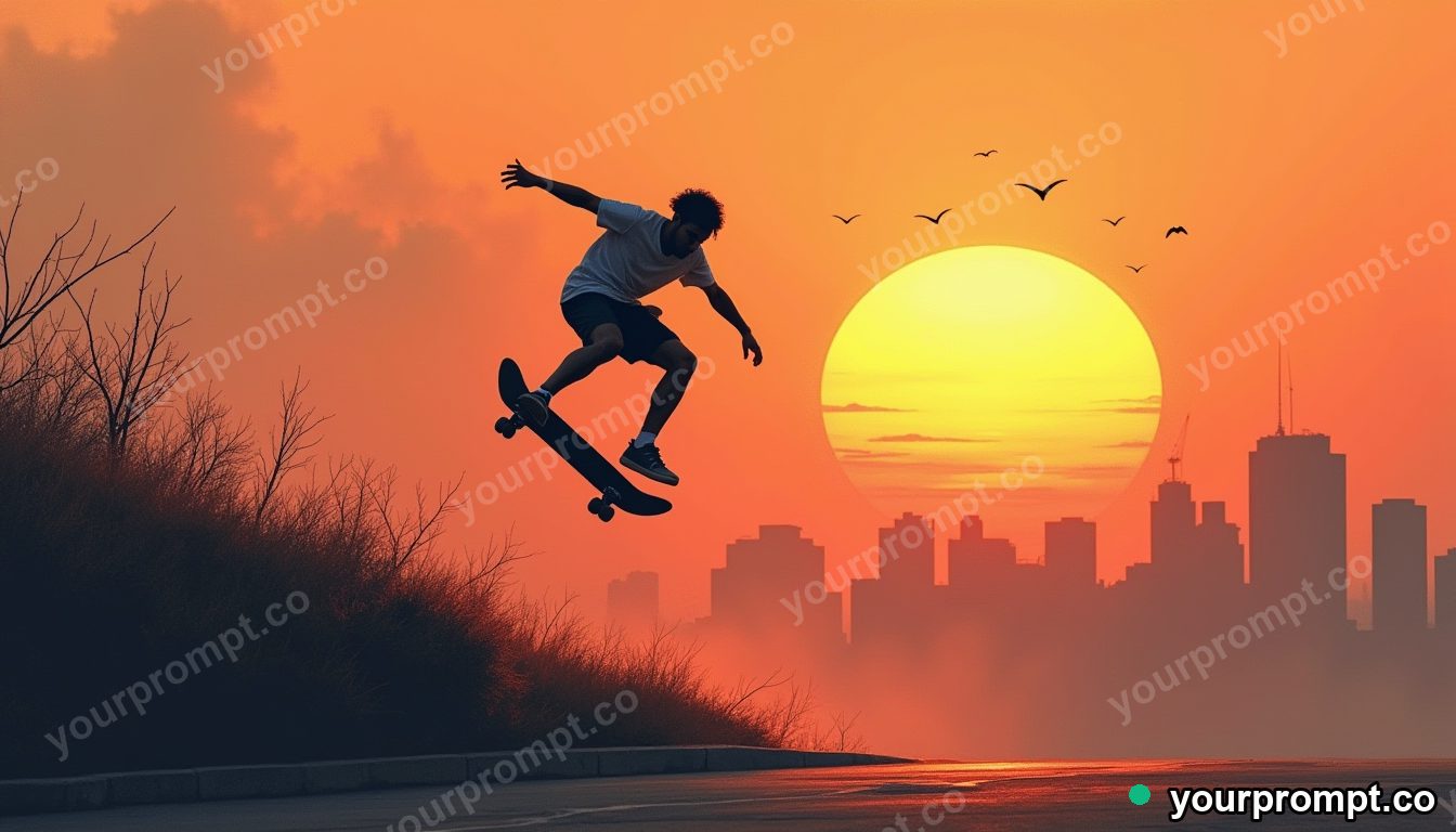 A skateboarder mid-air against a sunset skyline