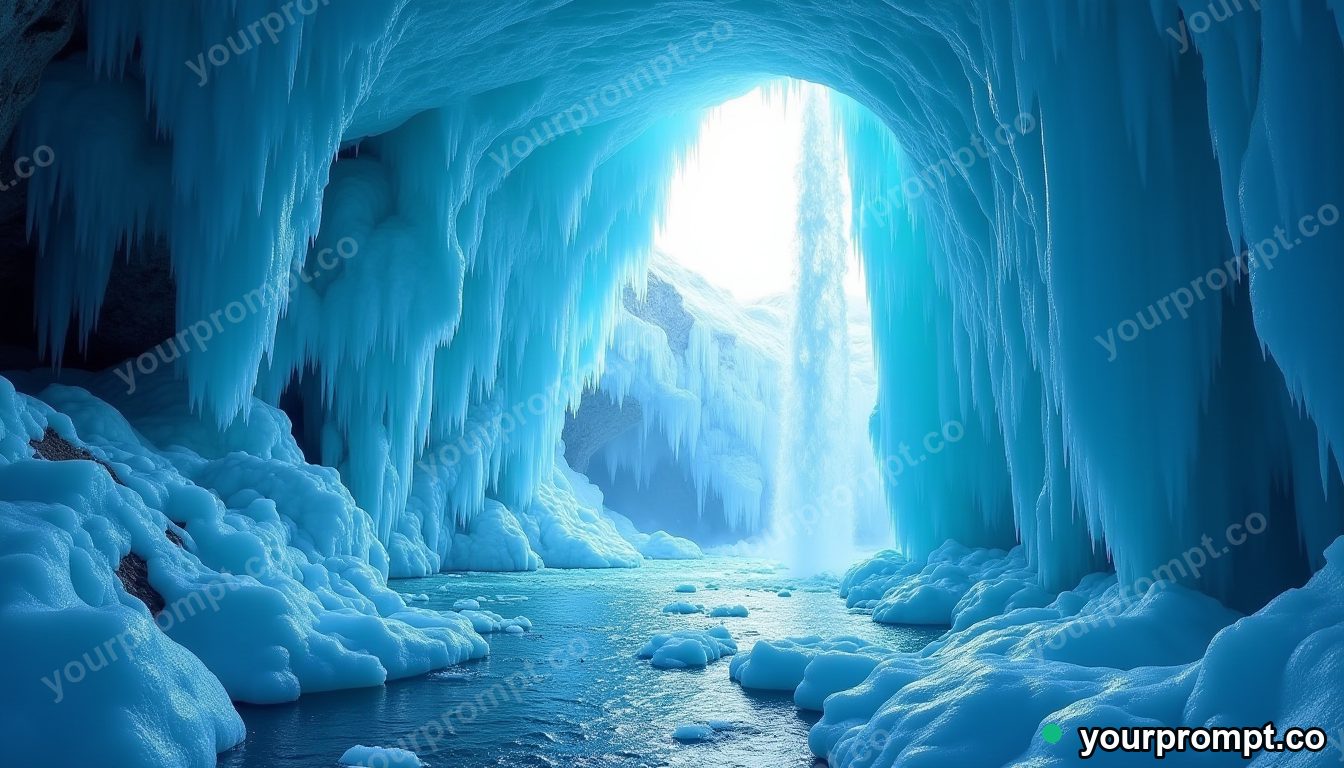 A frozen waterfall inside a blue ice cave