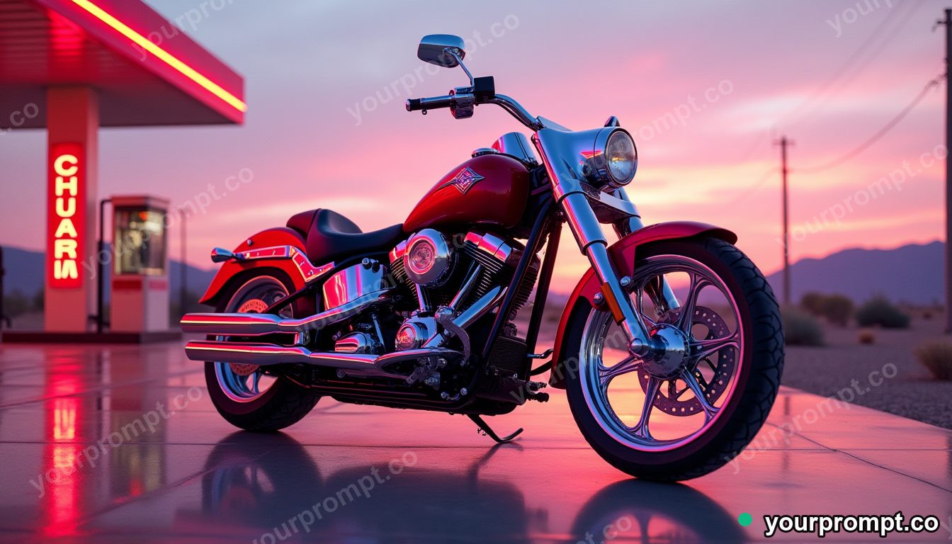 A chrome cruiser bike at a desert gas station at dusk