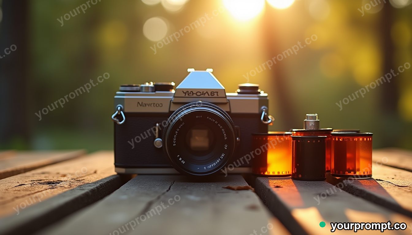 A vintage camera and film rolls on weathered wood
