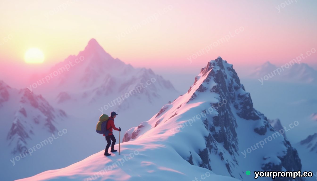 A mountain climber reaching a snowy summit at dawn