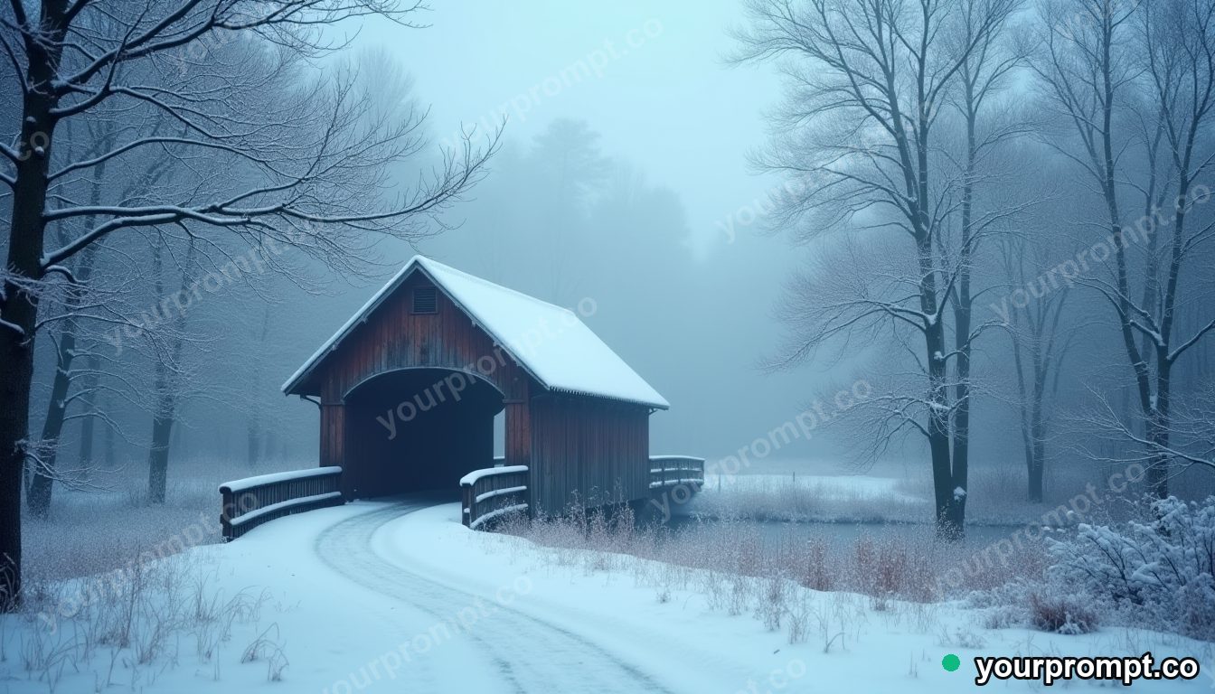 A snow-covered covered bridge in a quiet wood