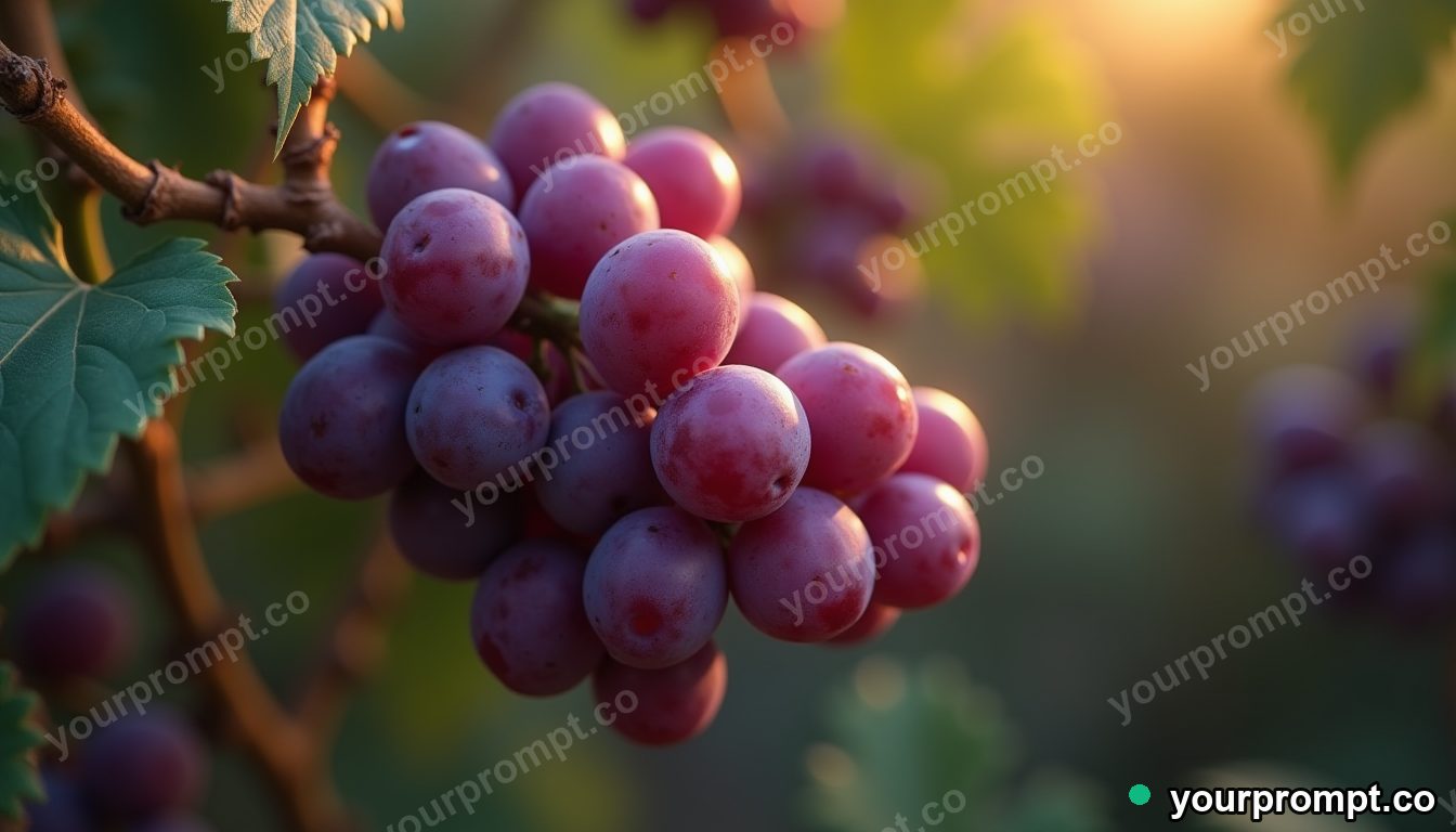 A bunch of purple grapes glistening on the vine