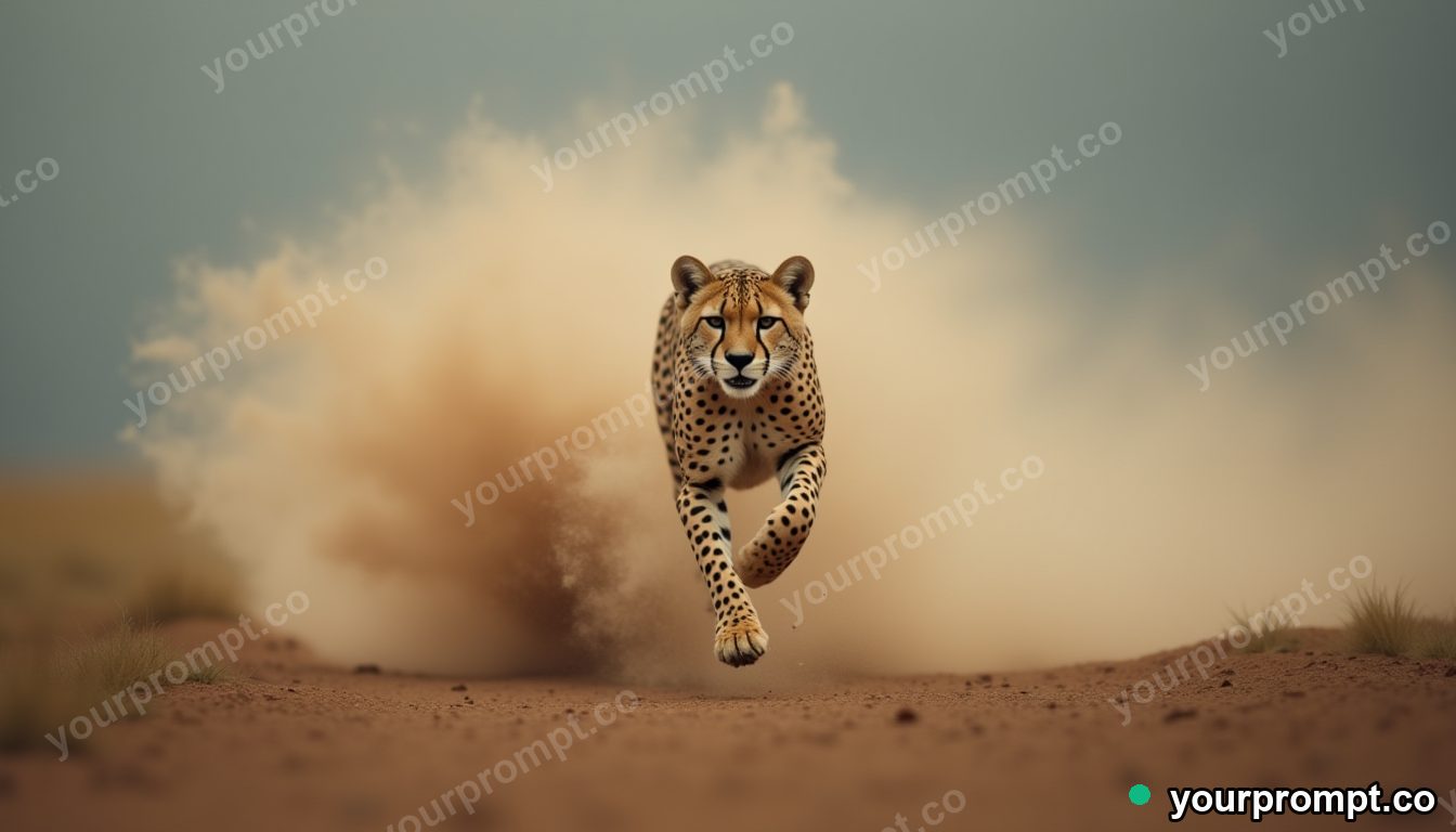 A cheetah mid-sprint kicking up dust