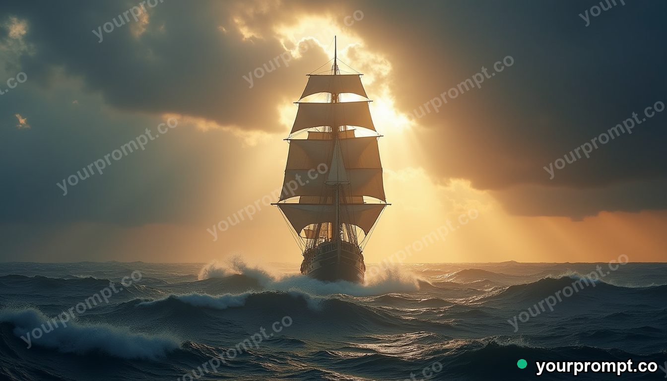 A tall sailing ship in a stormy sea at dusk