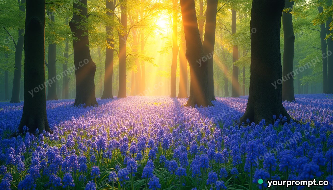 A glowing carpet of bluebells in a spring forest