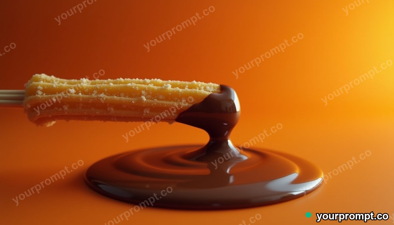 A churro dipped in thick chocolate sauce