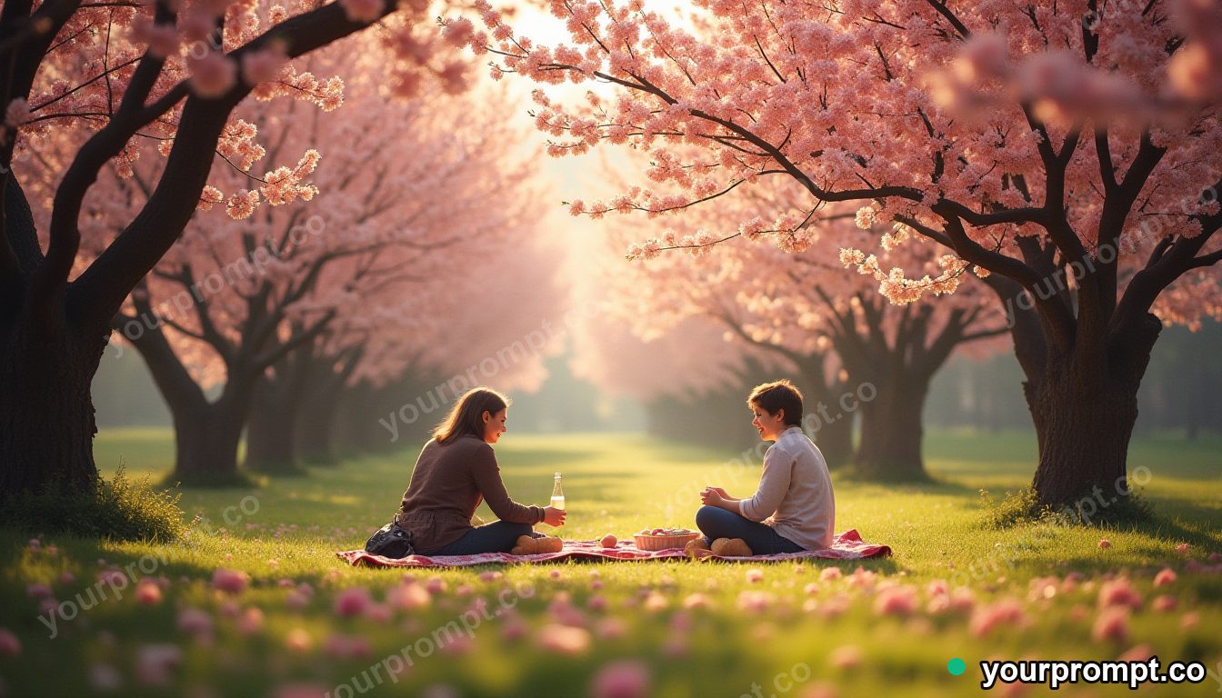 A spring picnic among blooming cherry trees