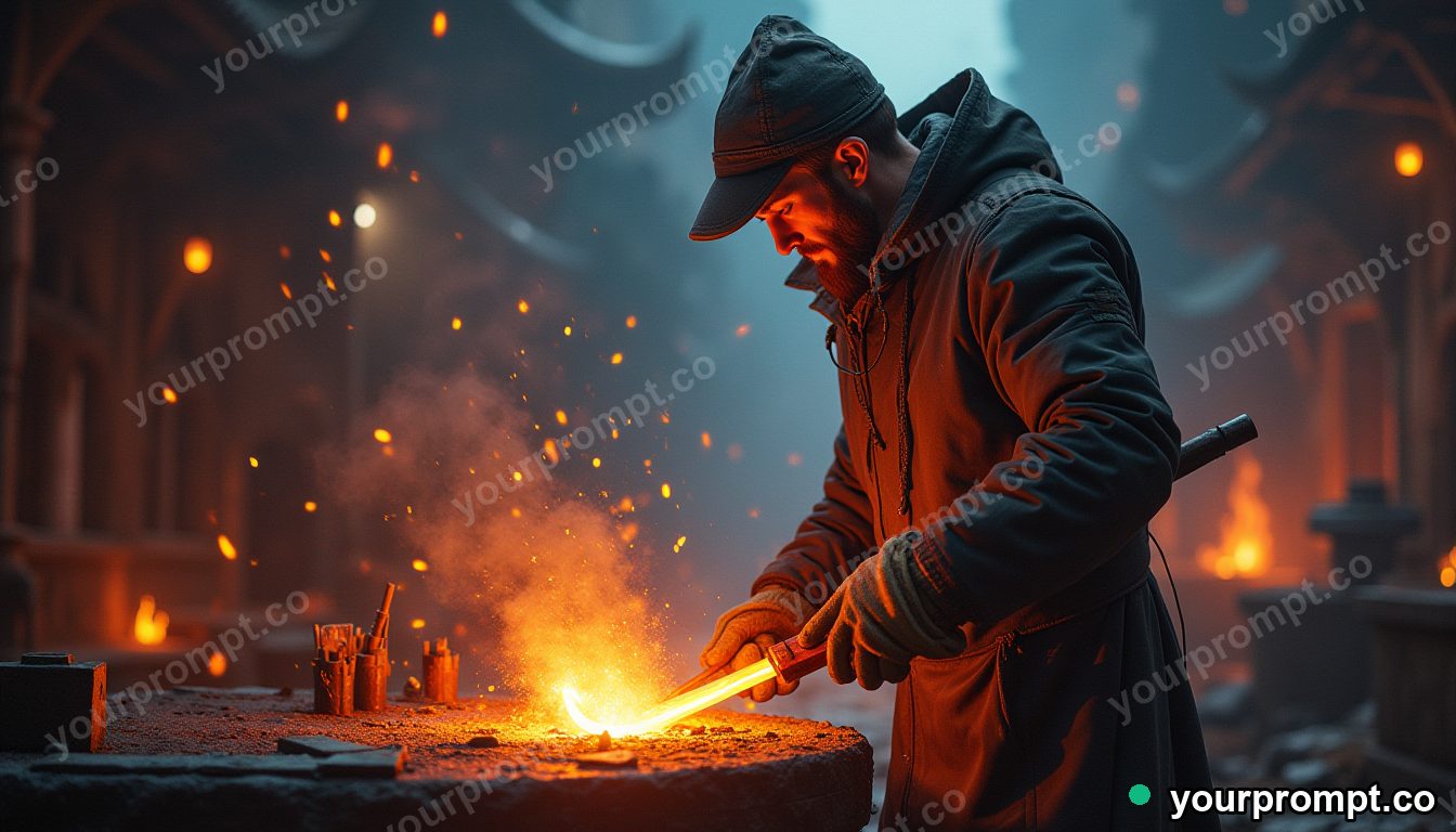 A glassblower shaping molten glass with a glowing rod